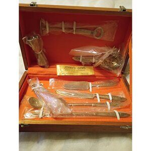Vtg 60s Johnys Gems 9pc Cocktail Bar Set Plated Bangkok Thailand Wood Box